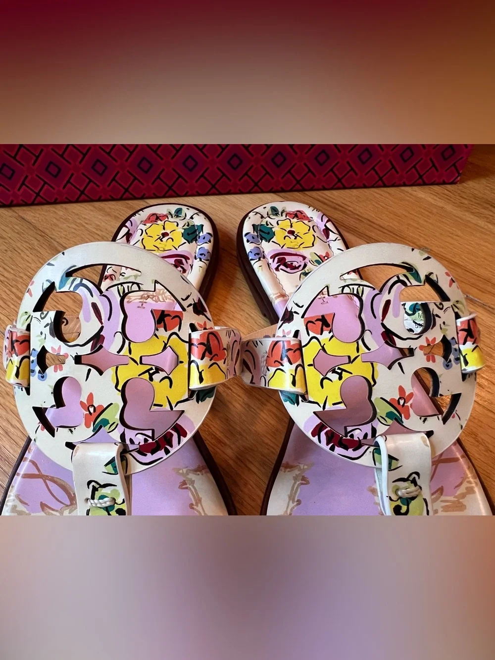 Tory Burch Pink Porcelain Floral Printed Leather Miller Welt Sandals
